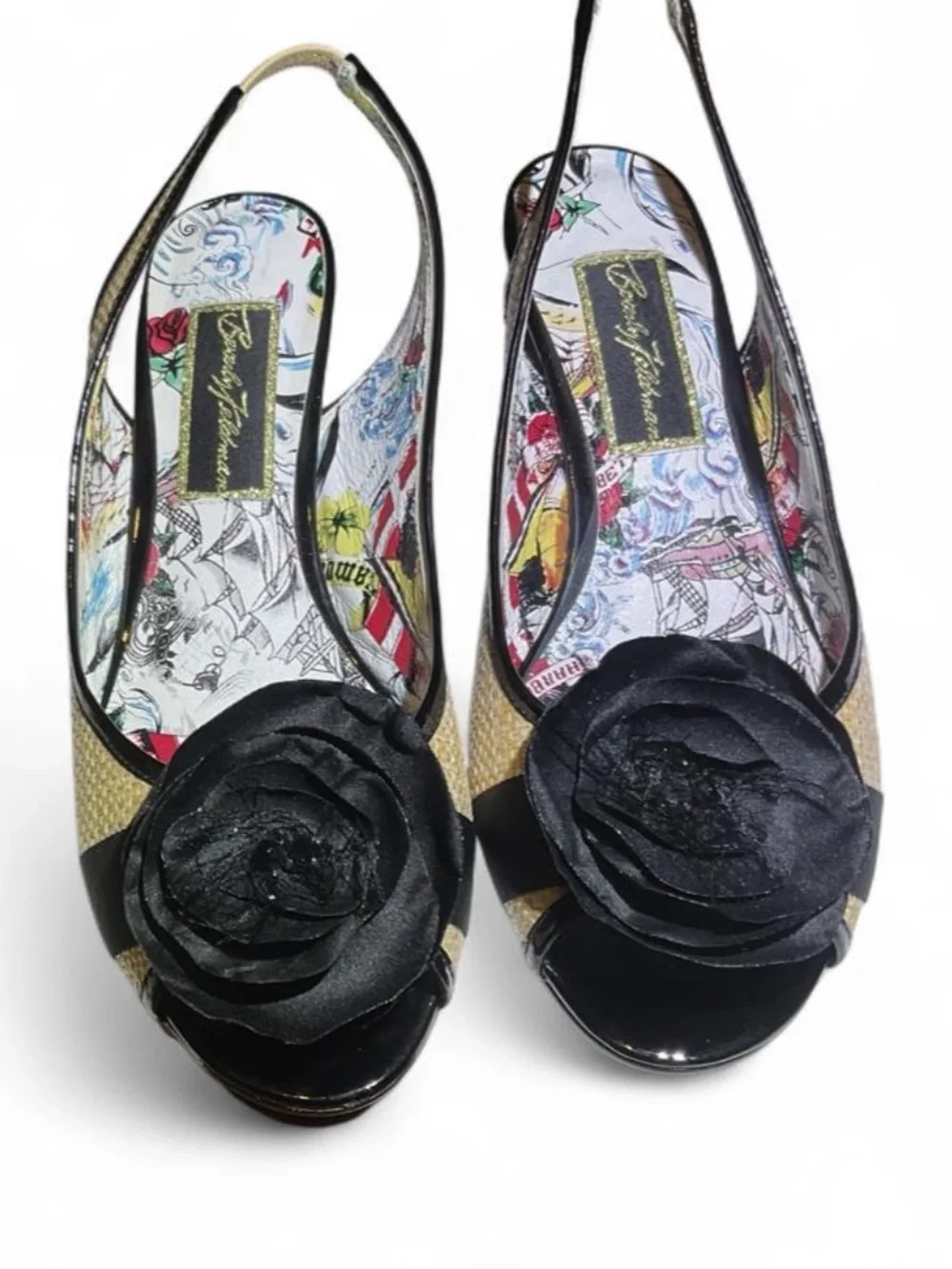 Beverly Feldman Black and Natural Slingback Peep-Toe Wedge with Bow